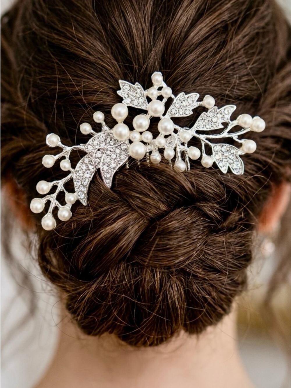 Elegant Silver Pearl Crystal Bridal Hair Comb small palm size leaf diamond cz